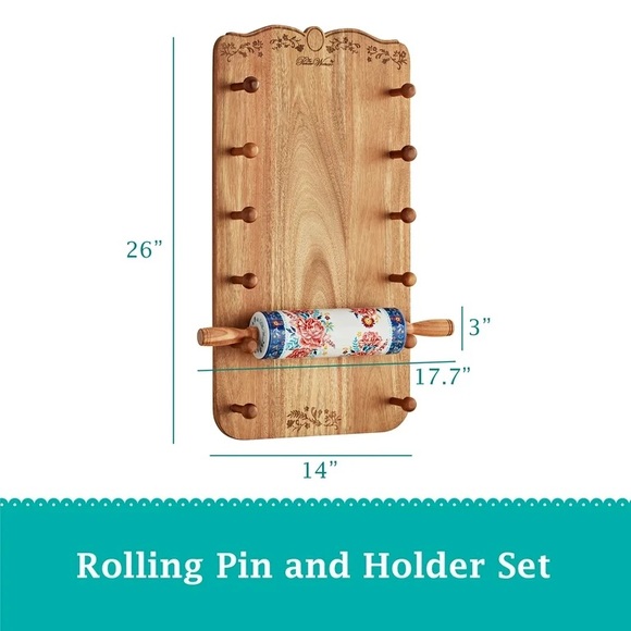 🌺 New Pioneer Woman Keepsake Floral Ceramic Rolling Pin & Rolling Pin Rack - Picture 2 of 11